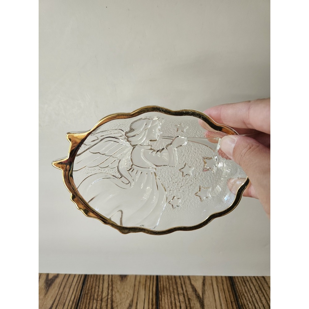 Angel Song Clear Pressed Glass Trinket Candy Dish Gold Rim Christmas Vtg Mikasa